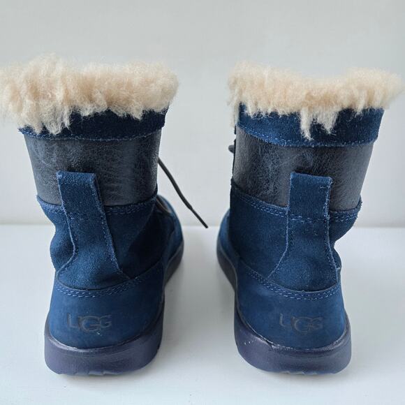 UGG NEW Kids Baxter Lace Up Ankle Blue Indigo Leather Boots Shearling Size us 2 - Picture 12 of 16